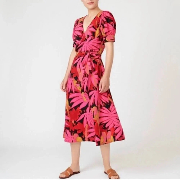 NEW J Crew Luxurious Red Gold Burgundy Palm Faux Wrap Midi Dress - Picture 1 of 13